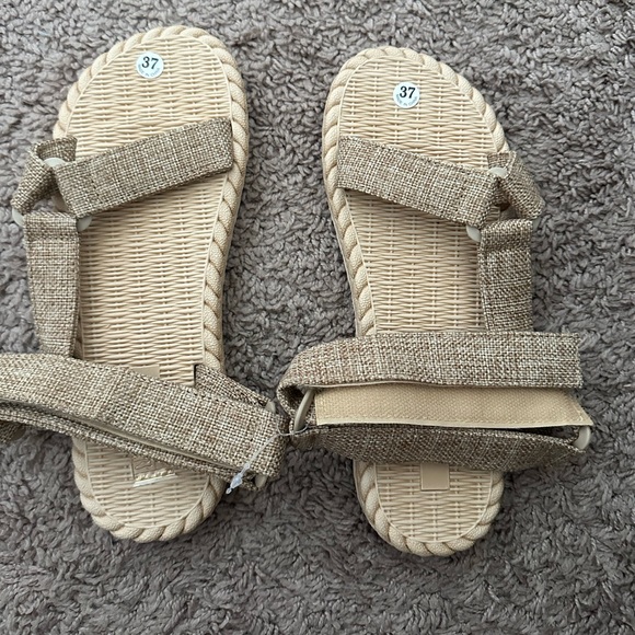 Women Triangle Decor Linen Ankle Strap Sandals, - Picture 6 of 7